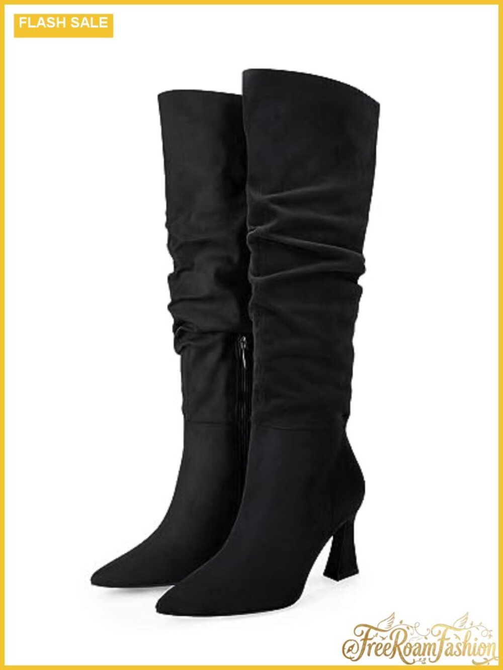 Slouchy Knee High Boots Wide Calf Pointed Toe Chunky Heel Winter